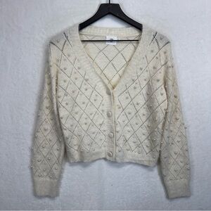 Luna Ivy Pearl Cardigan Sweater Medium Cream Pearls Cropped Mary Jane